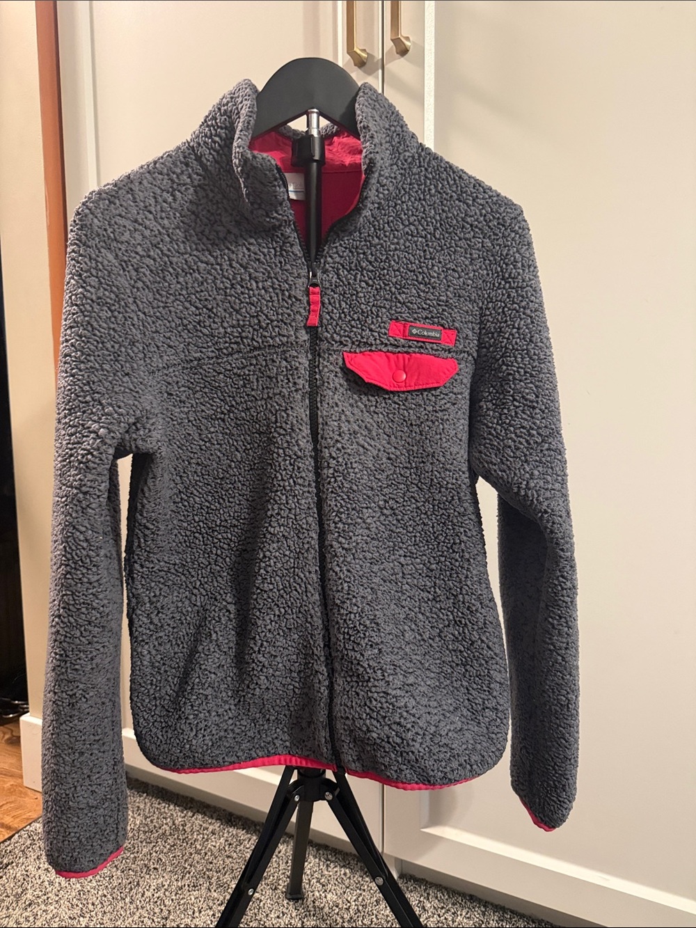 Columbia Gray Fuzzy Fleece Jacket with Pink Accents